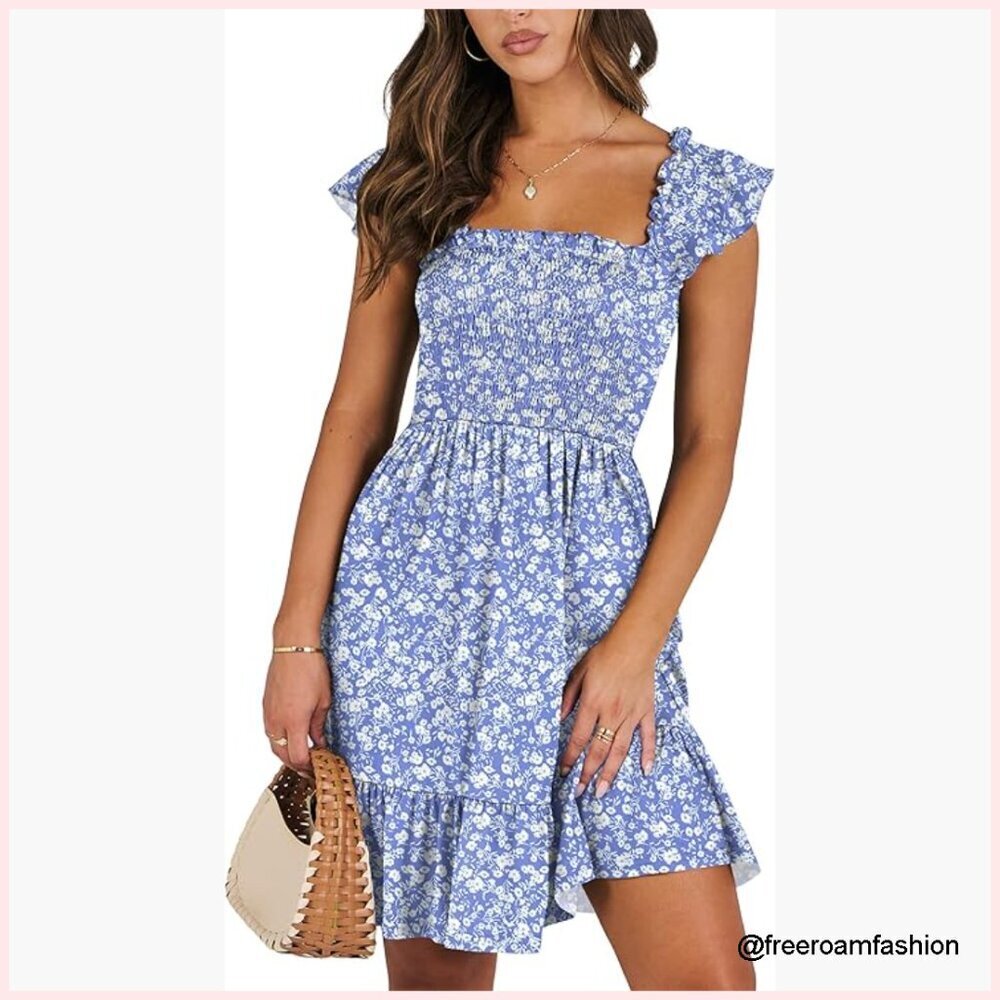 Sleeveless Square Neck Backless Smocked Mini Sundress for Beach Casual Wear